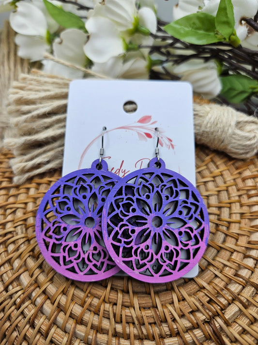 Purple & Pink Hand Painted Wooden Floral Earrings