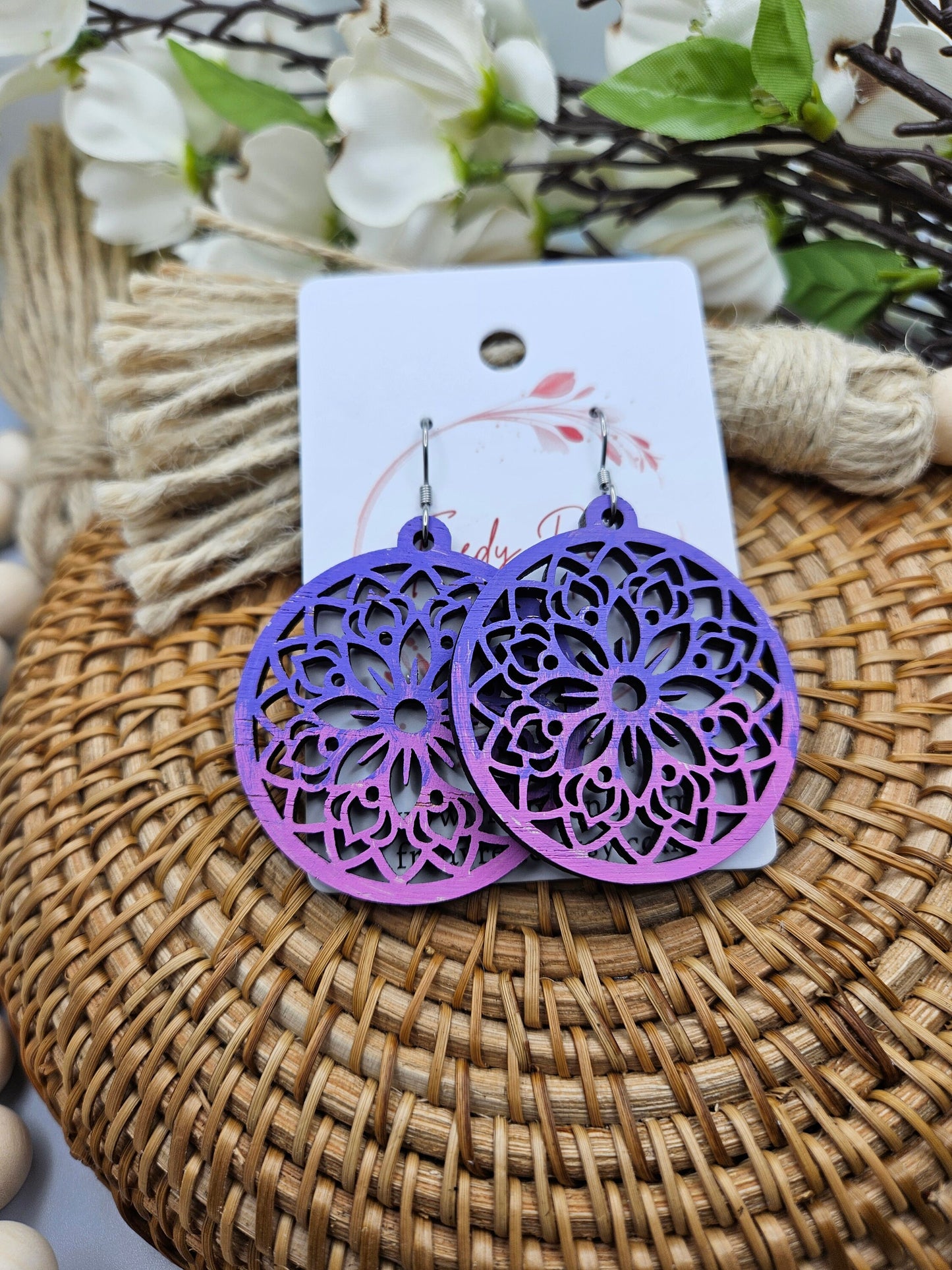 Purple & Pink Hand Painted Wooden Floral Earrings