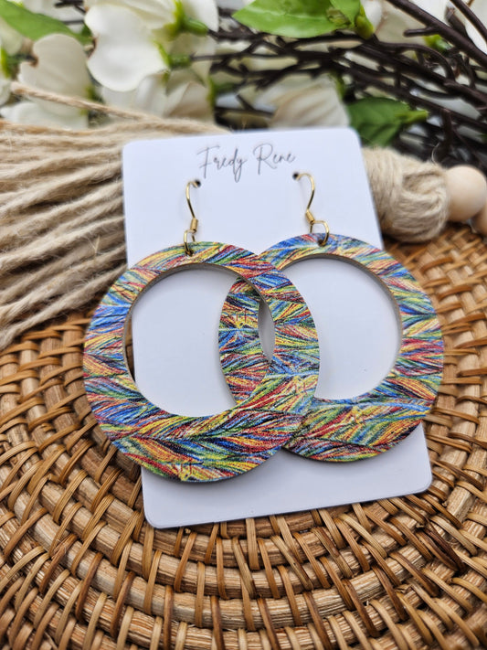 Rainbow Feather Cork Backed with Leather Circle Earrings