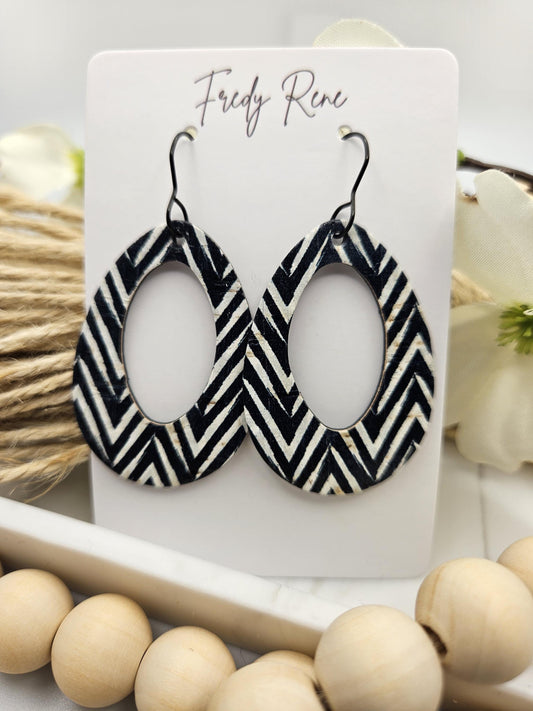 Chevron Cork Earrings: Black and White Leather Backed Dangles