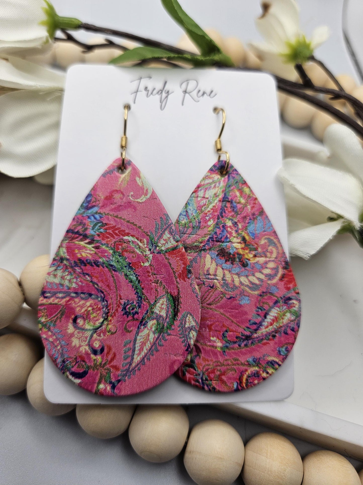 Large Pink Cork Teardrop Earrings backed with Genuine Leather