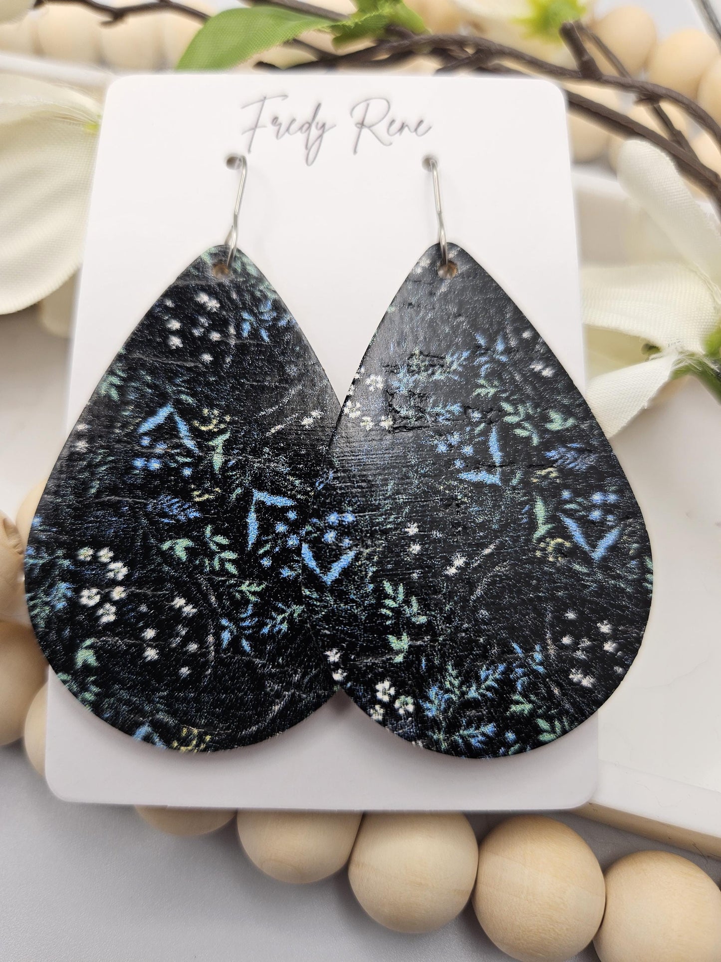 Large Dark Floral Cork Teardrop Earrings backed with Genuine Leather