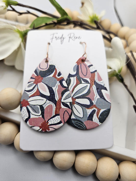 Medium Vintage Floral Cork Teardrop Earrings backed with Genuine Leather