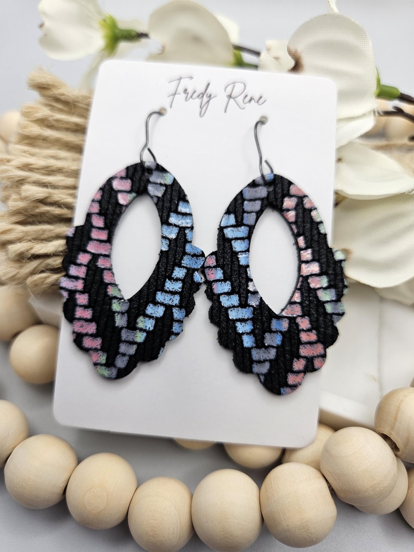 Black Genuine Leather Earrings with Pastels