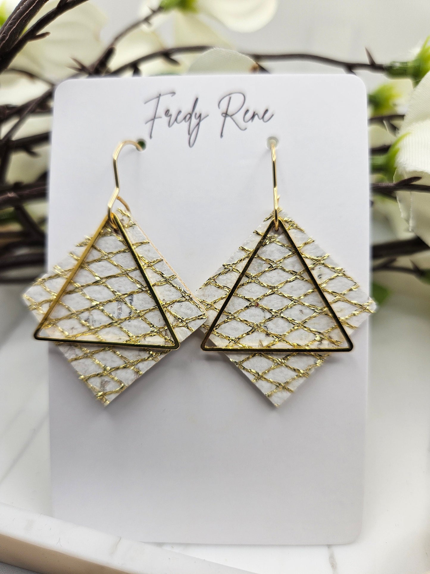 White & Gold Cork Backed with Genuine Leather Earrings