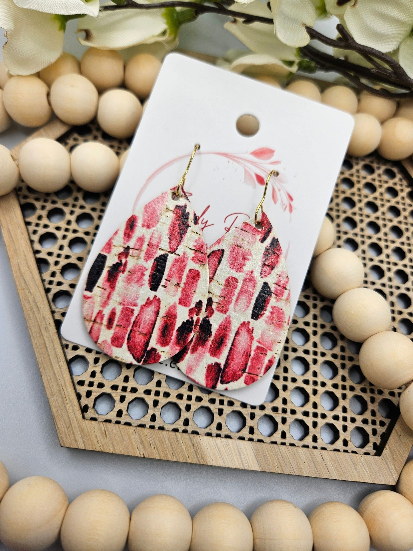 Pink Striped Teardrop Cork on Leather Earrings