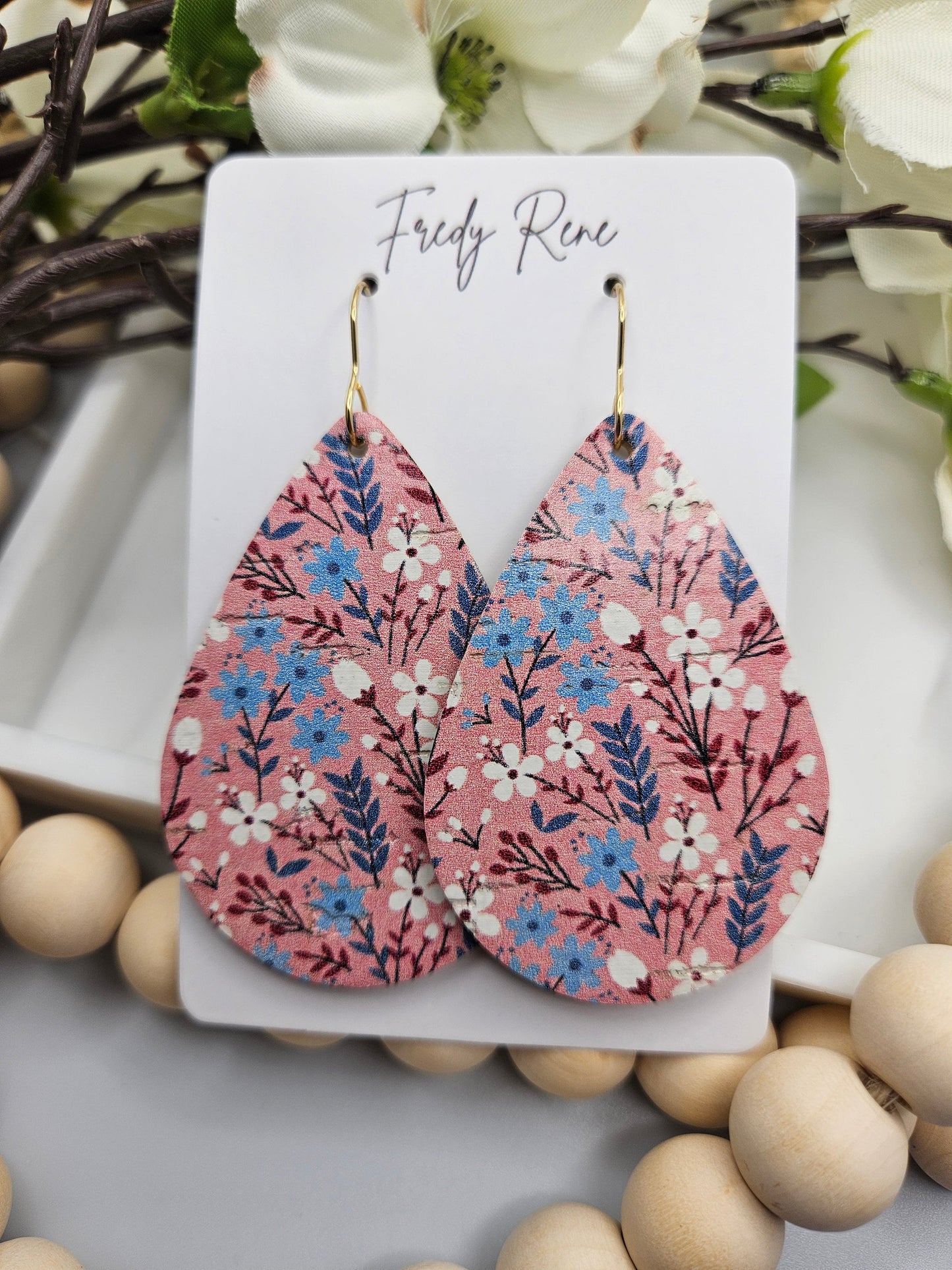 Large Mauve Floral Cork Backed with Genuine Leather Teardrop Earrings