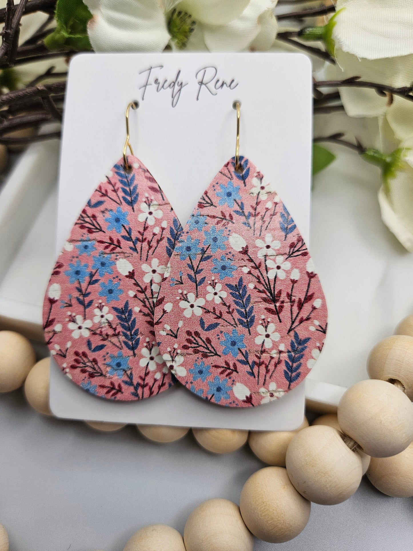 Large Mauve Floral Cork Backed with Genuine Leather Teardrop Earrings