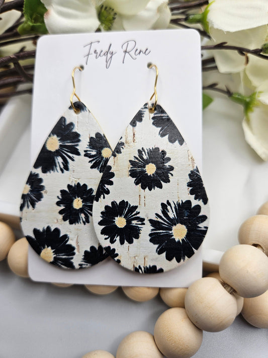 Large Black Floral Cork Backed with Genuine Leather Teardrop Earrings