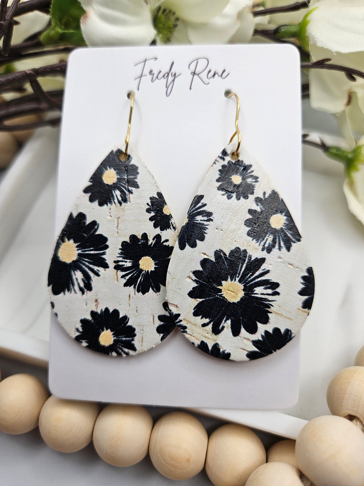 Medium Black Floral Cork Backed with Genuine Leather Teardrop Earrings