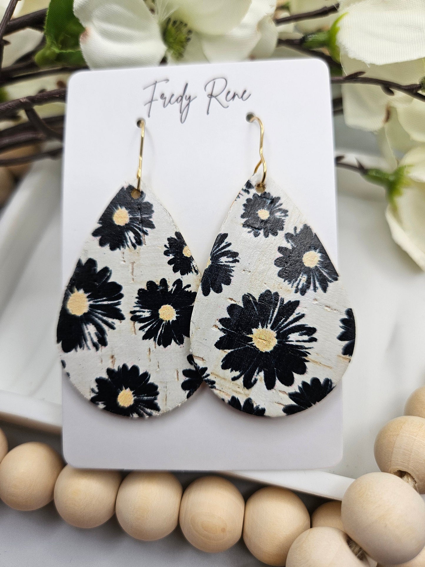 Medium Black Floral Cork Backed with Genuine Leather Teardrop Earrings