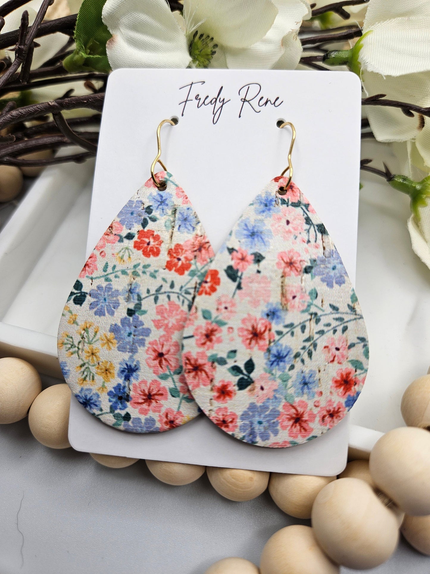 Large Spring Floral Cork Backed with Genuine Leather Teardrop Earrings