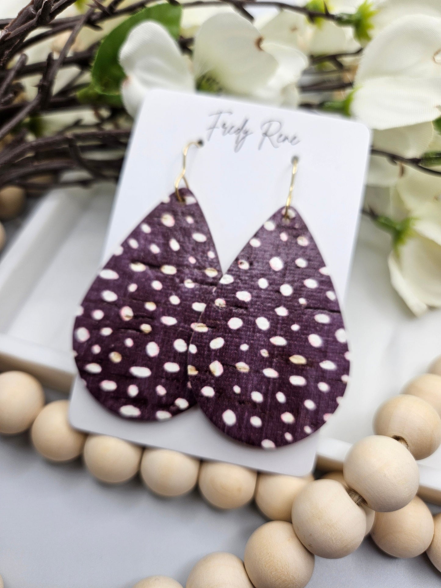 Large Wine Dotted Cork Backed with Genuine Leather Teardrop Earrings