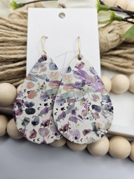 Large Watercolor Floral Cork Teardrop Earrings Backed with Genuine Leather