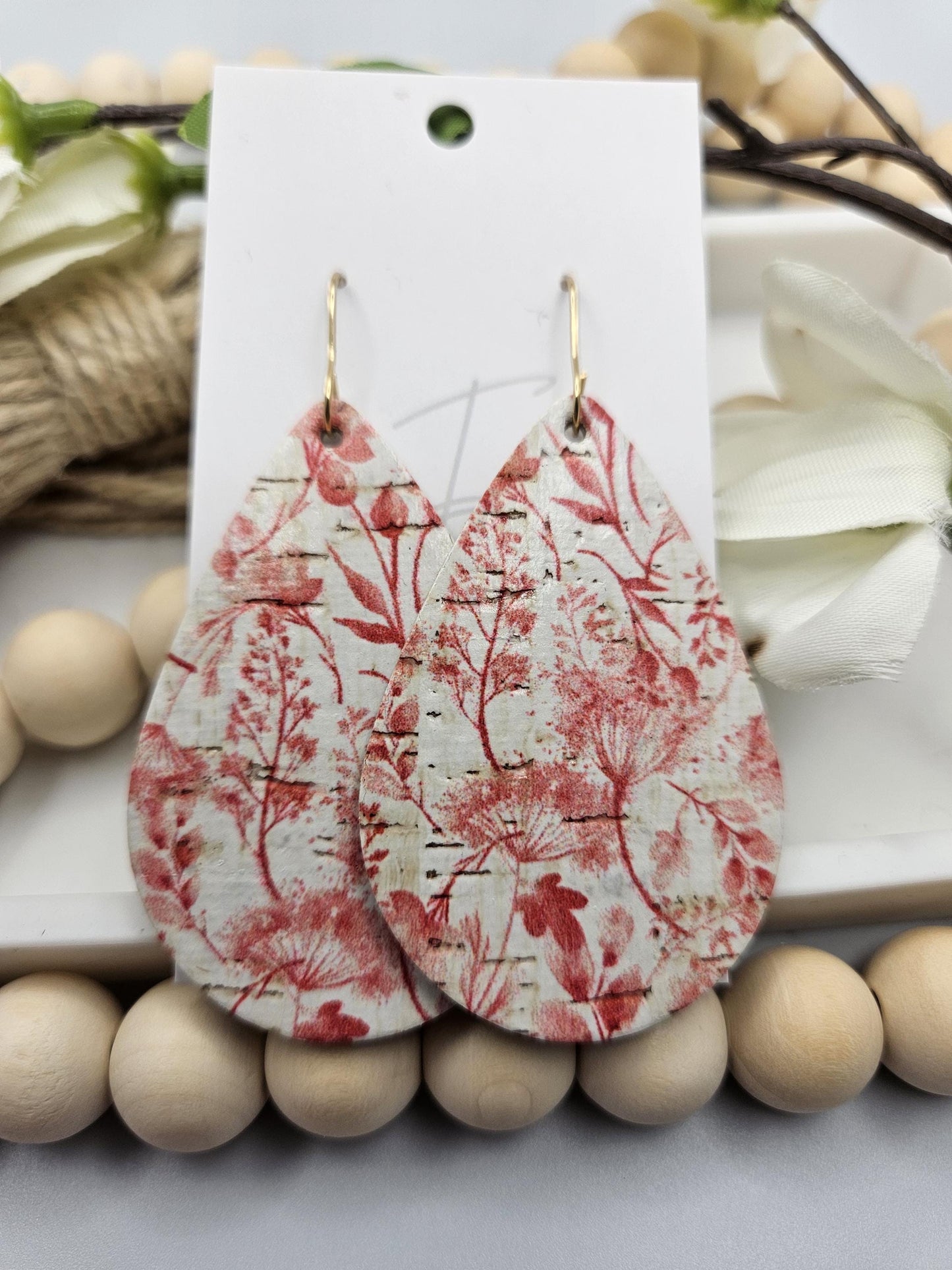 Large Pink Floral Cork Teardrop Earrings Backed with Genuine Leather