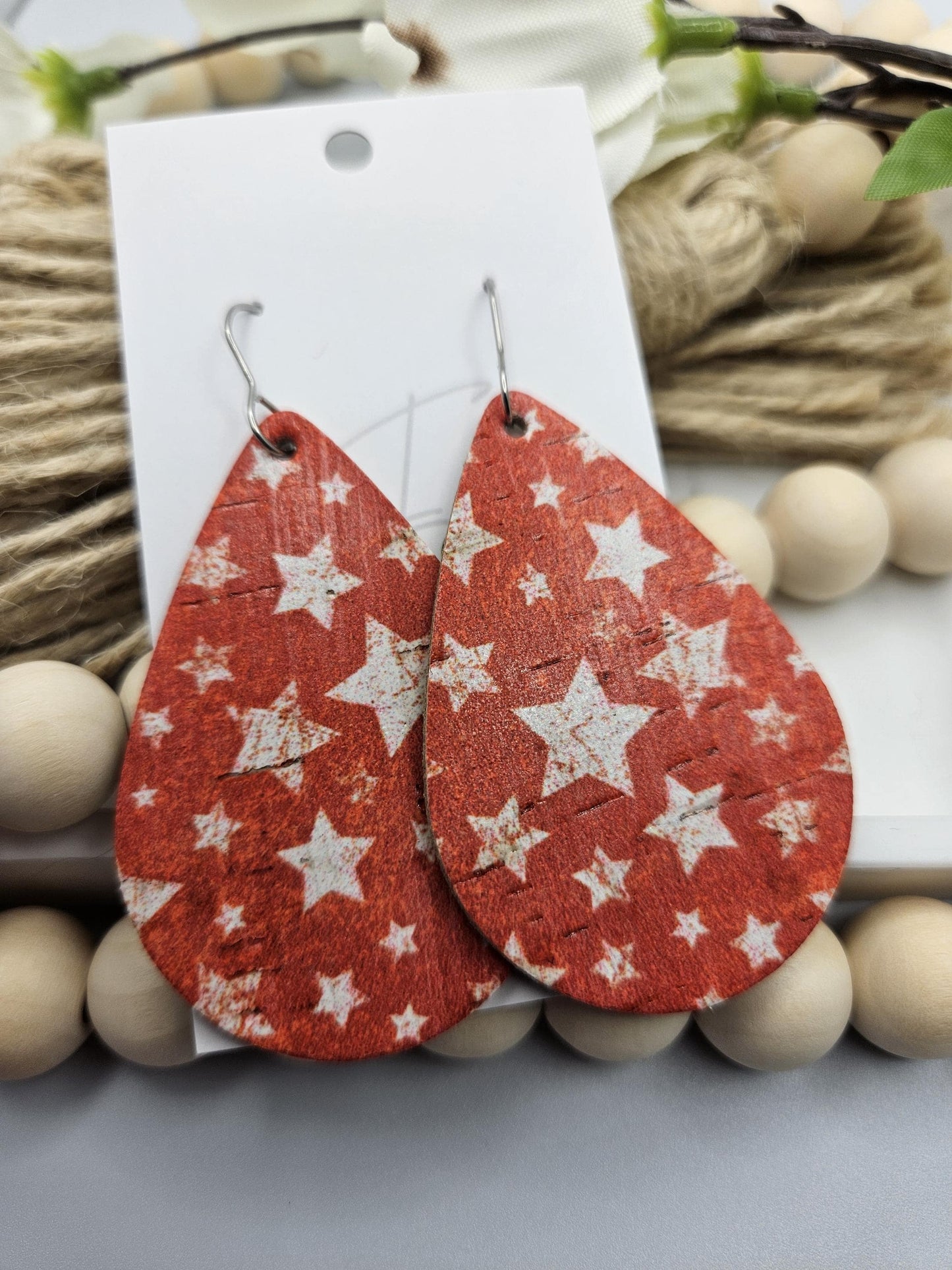 Large Red Starry Cork Teardrop Earrings Backed with Genuine Leather