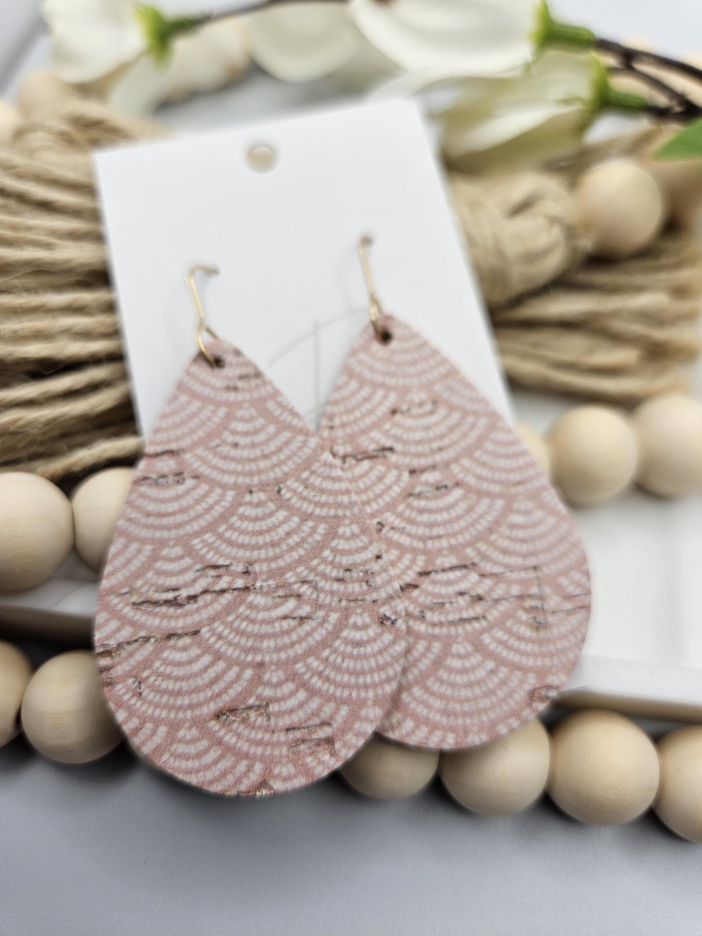 Large Pale Pink Cork Teardrop Earrings Backed with Genuine Leather