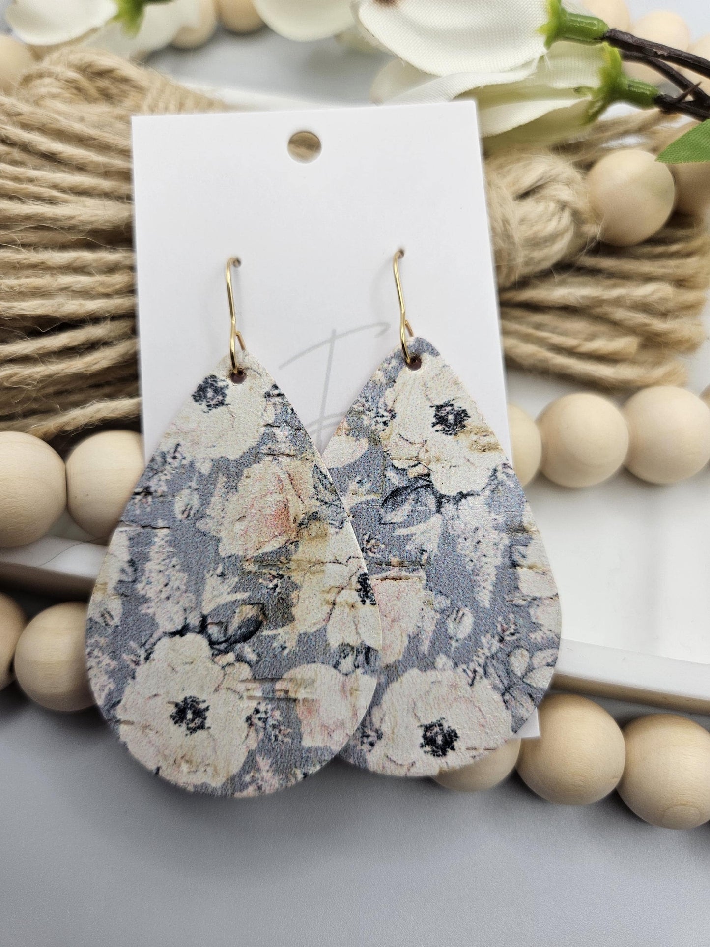 Large Pale Blue Floral Cork Teardrop Earrings Backed with Genuine Leather