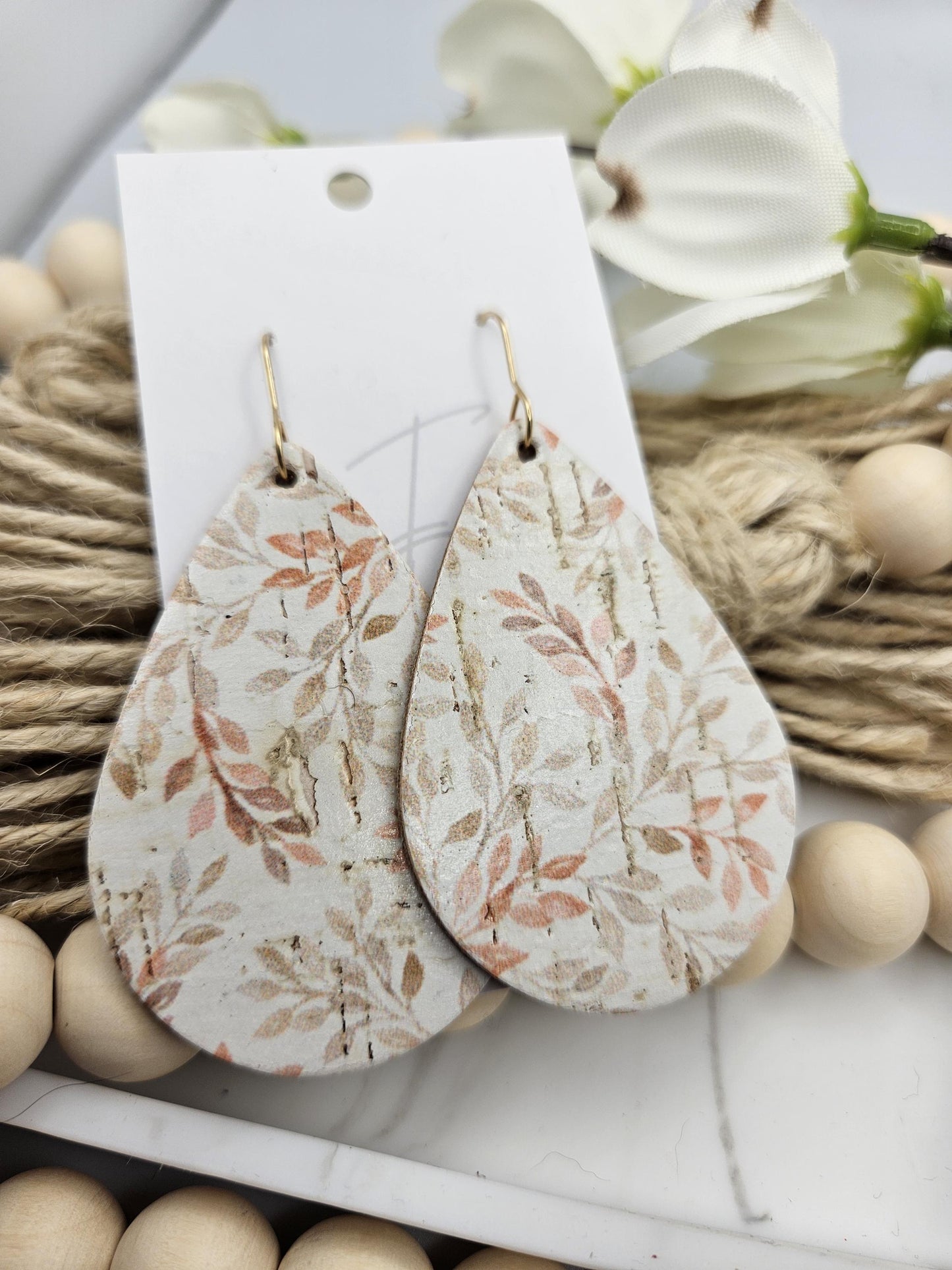 Large Fall Leaf Cork Teardrop Earrings Backed with Genuine Leather