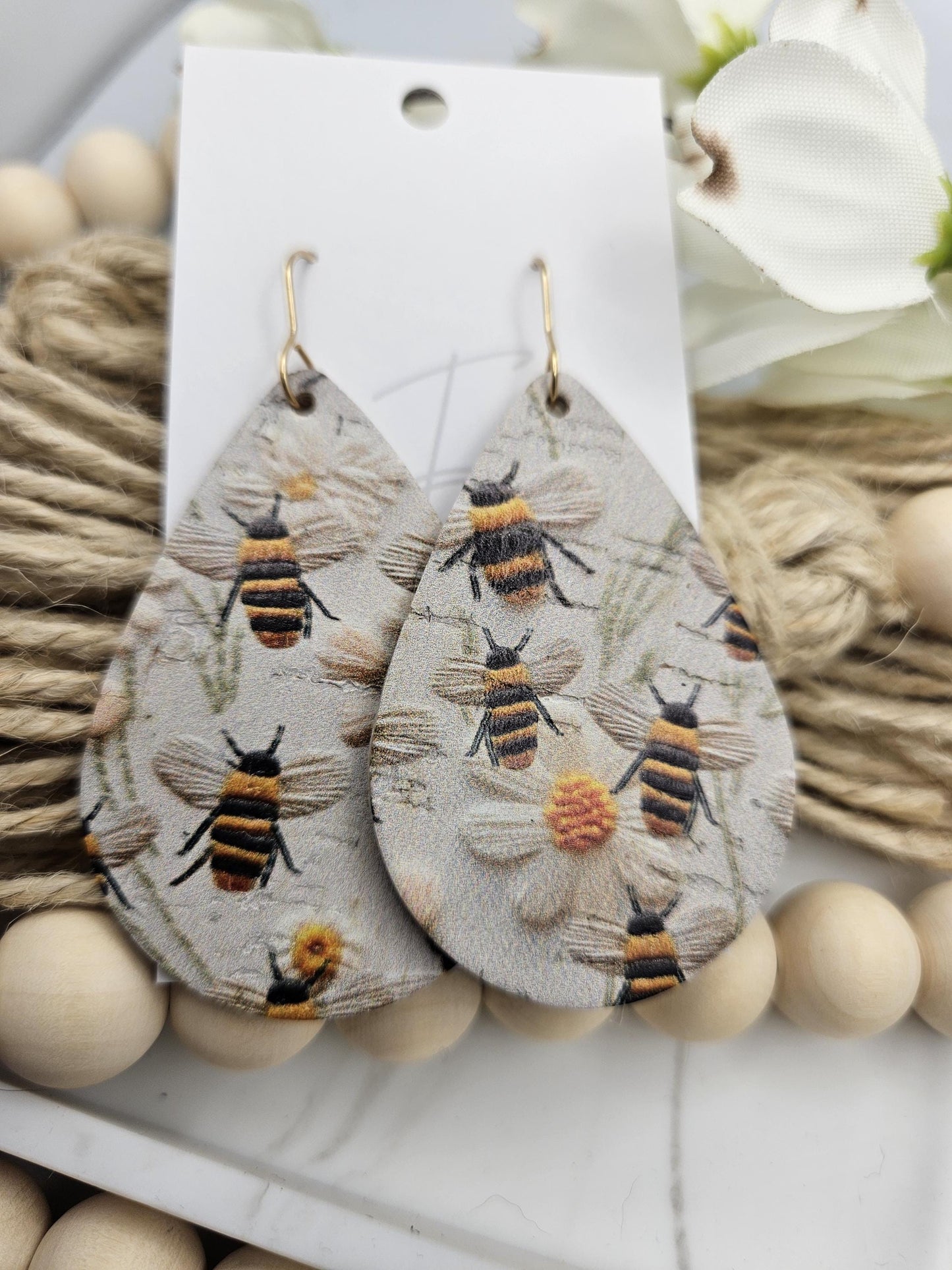 Large Bee Cork Teardrop Earrings Backed with Genuine Leather