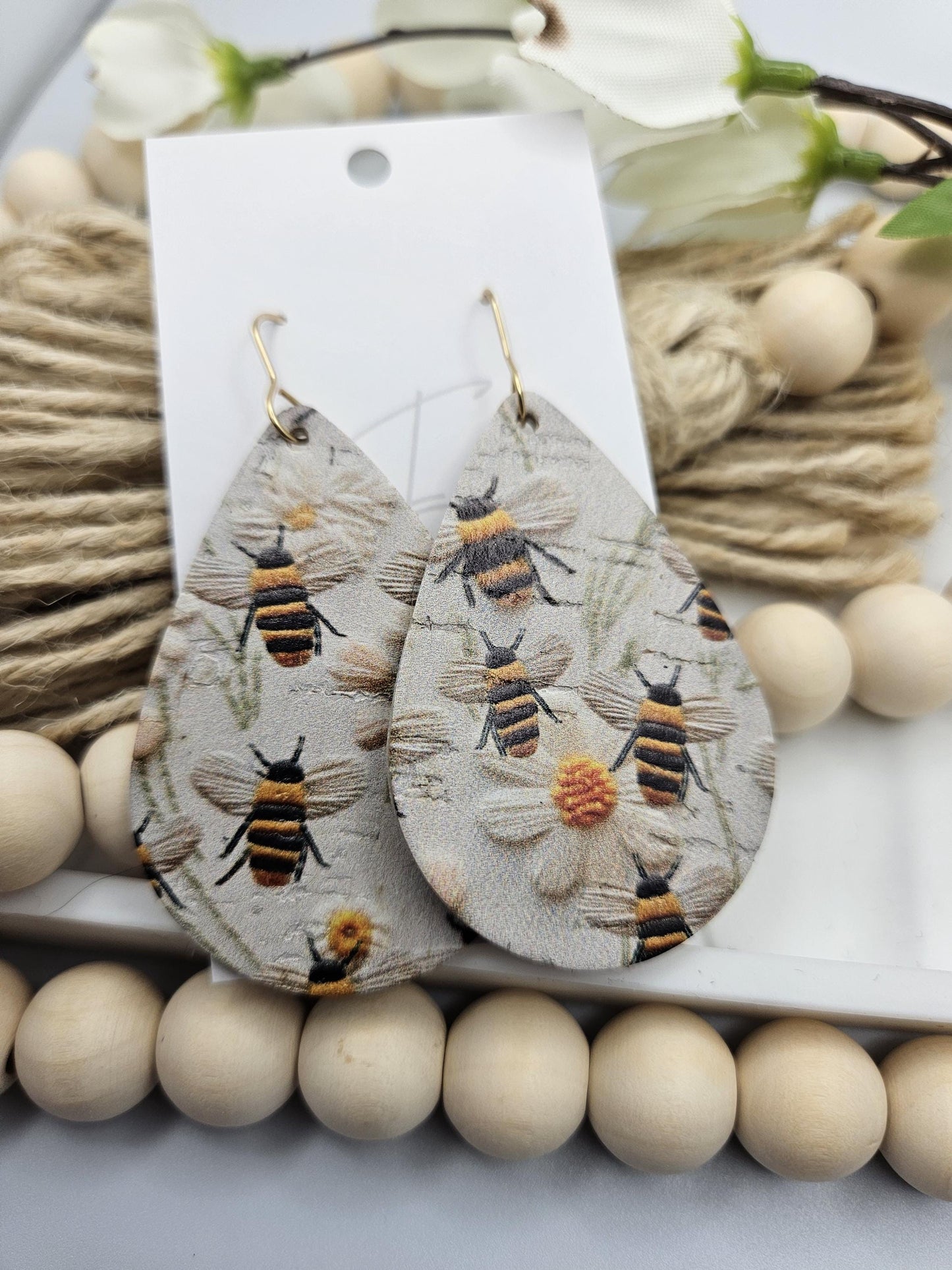 Large Bee Cork Teardrop Earrings Backed with Genuine Leather