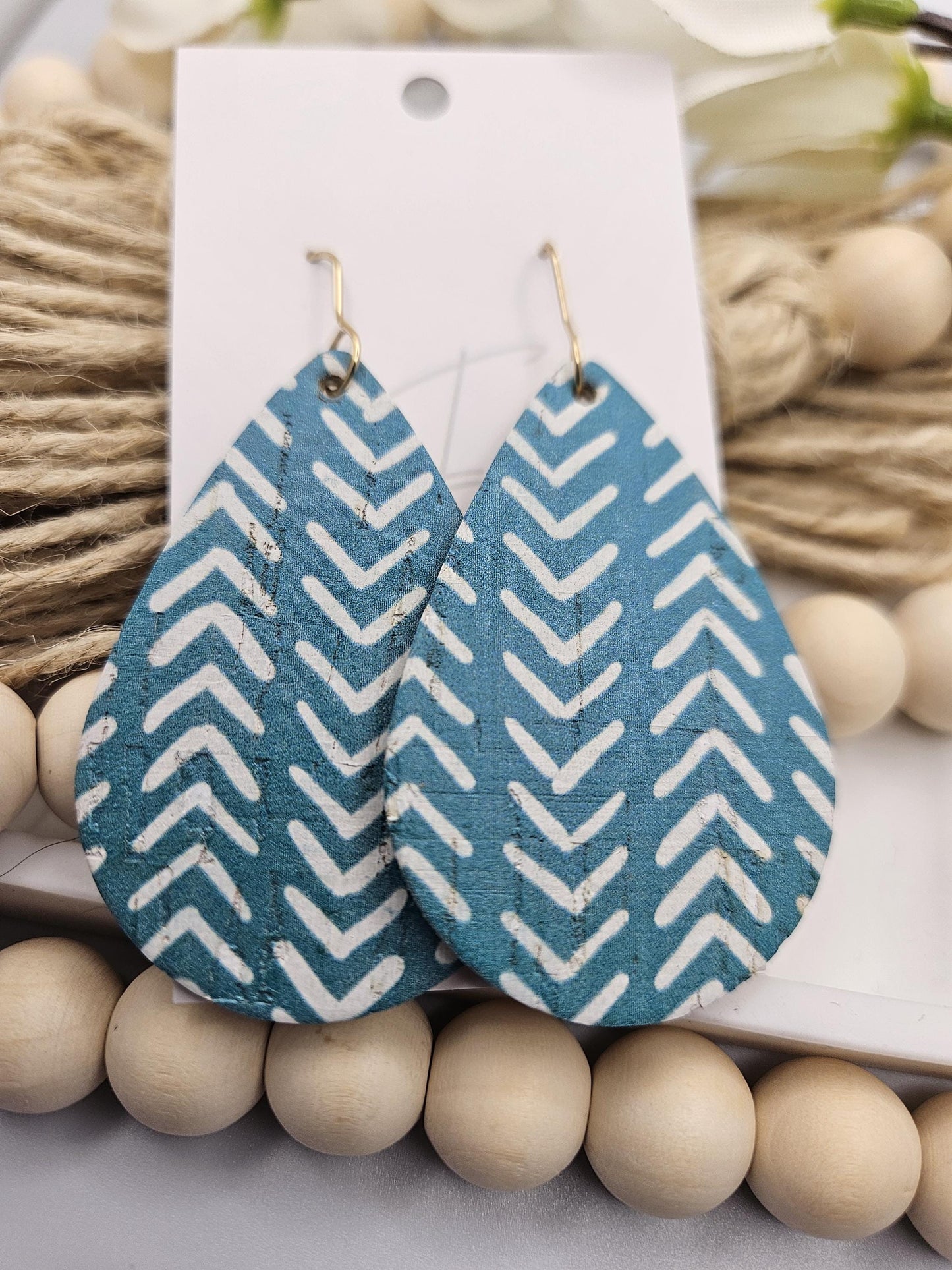 Large Teal Broken Chevron Cork Teardrop Earrings Backed with Genuine Leather