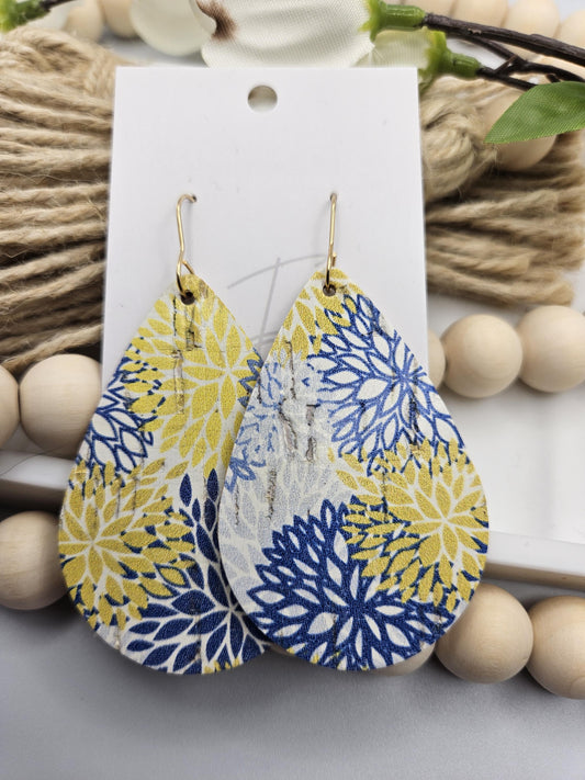 Large Yellow & Blue Floral Cork Teardrop Earrings Backed with Genuine Leather