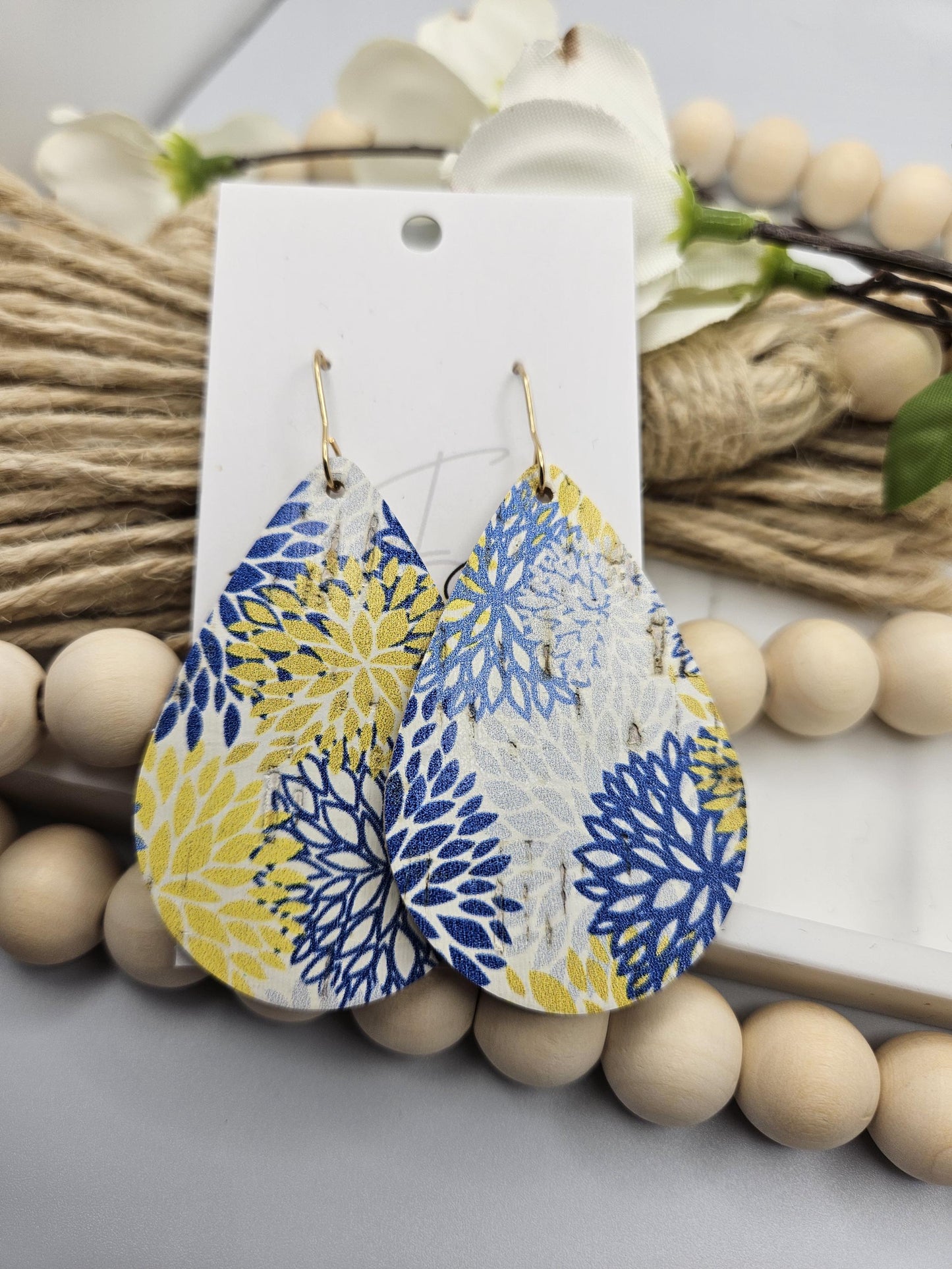 Large Yellow & Blue Floral Cork Teardrop Earrings Backed with Genuine Leather