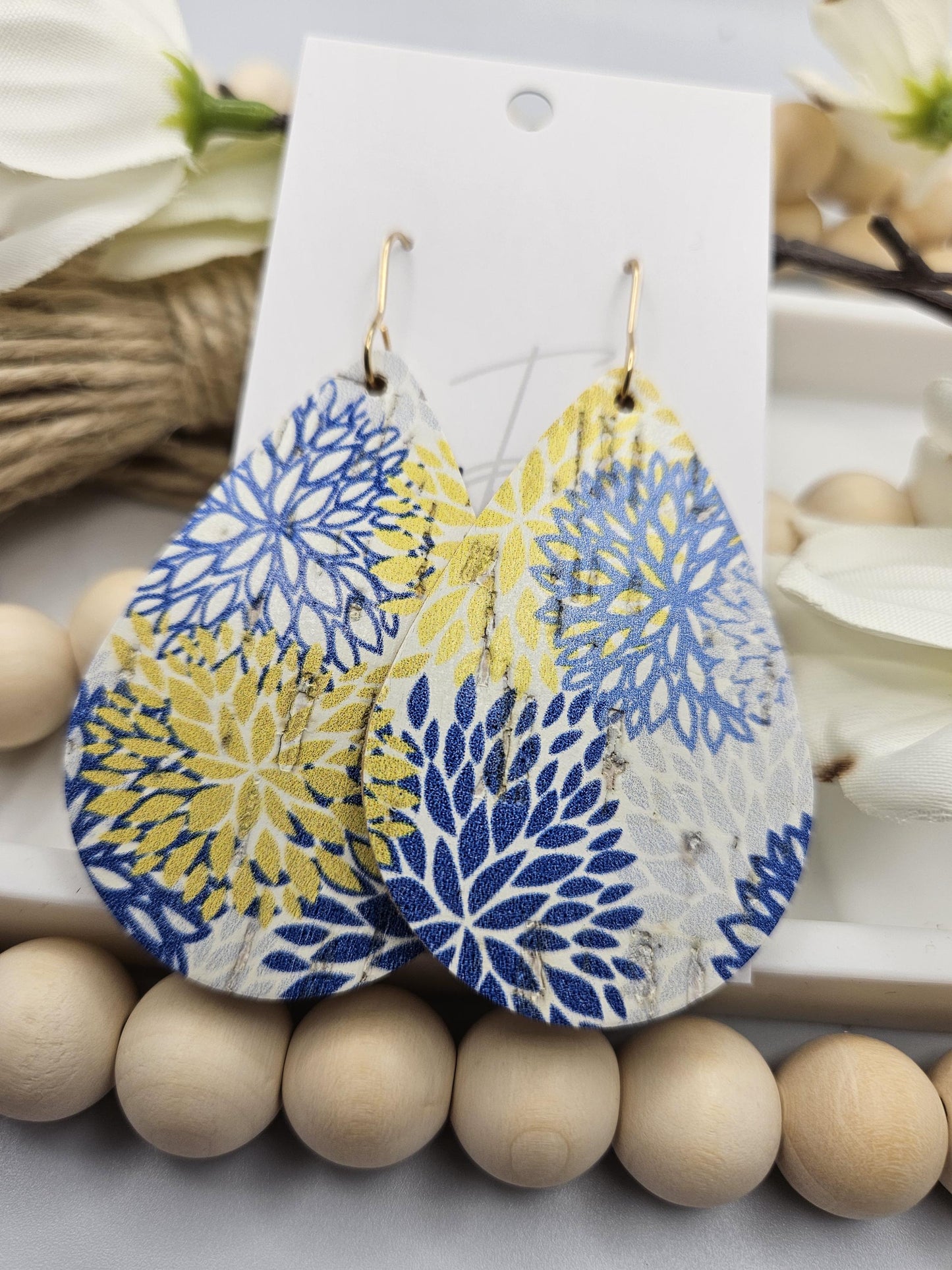 Large Yellow & Blue Floral Cork Teardrop Earrings Backed with Genuine Leather