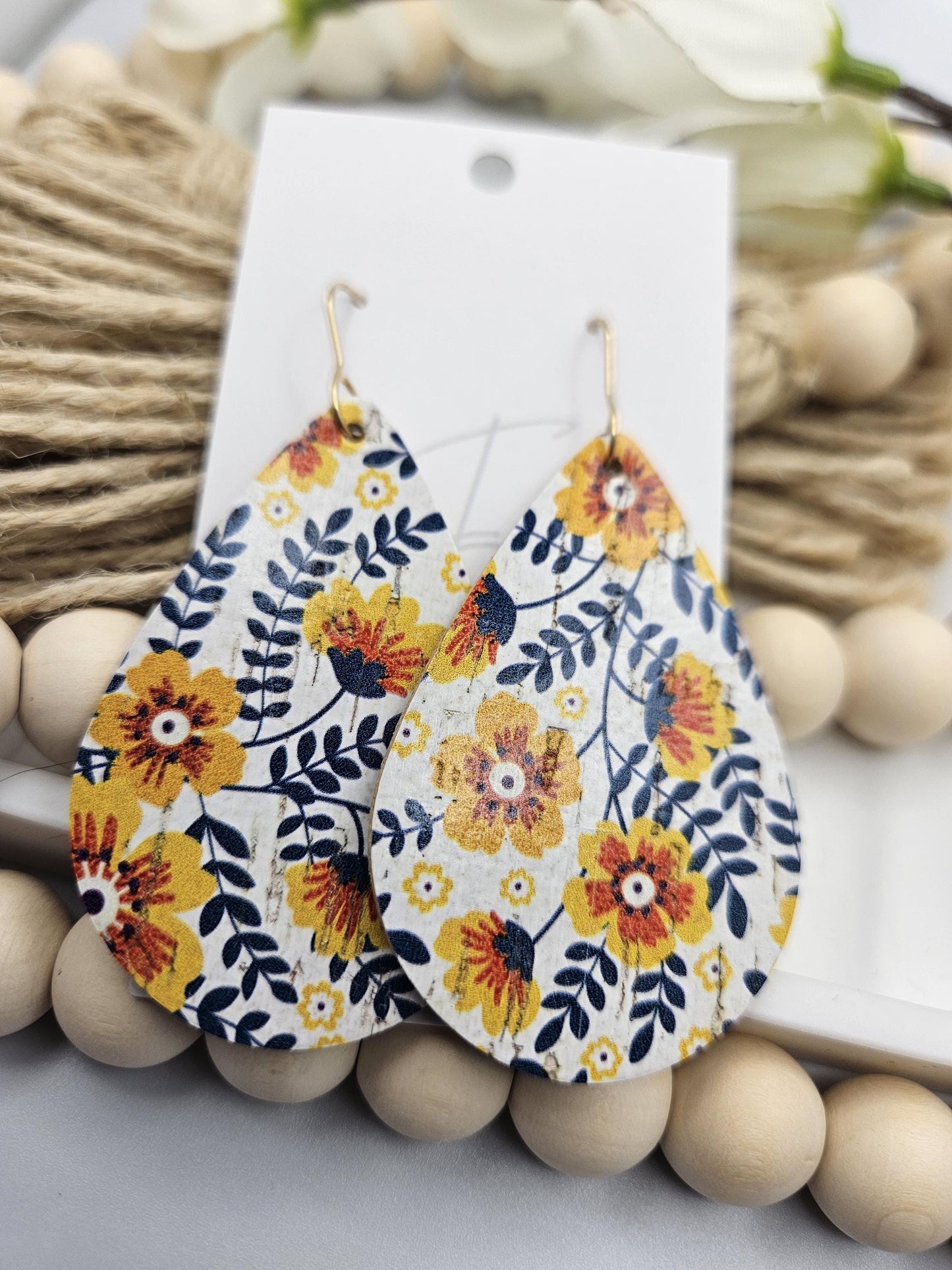 Large Yellow & Navy Floral Cork Teardrop Earrings Backed with Genuine Leather