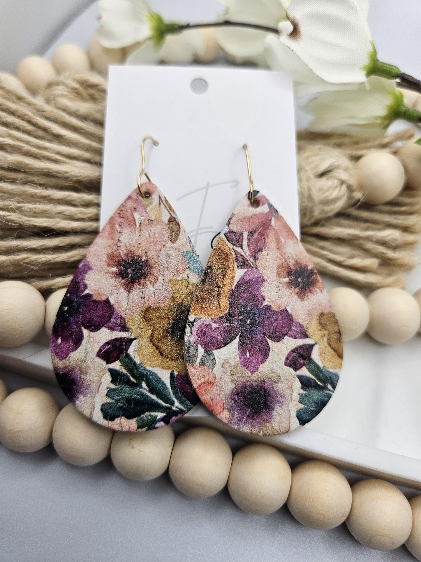 Large Floral Cork Teardrop Earrings backed with Genuine Leather