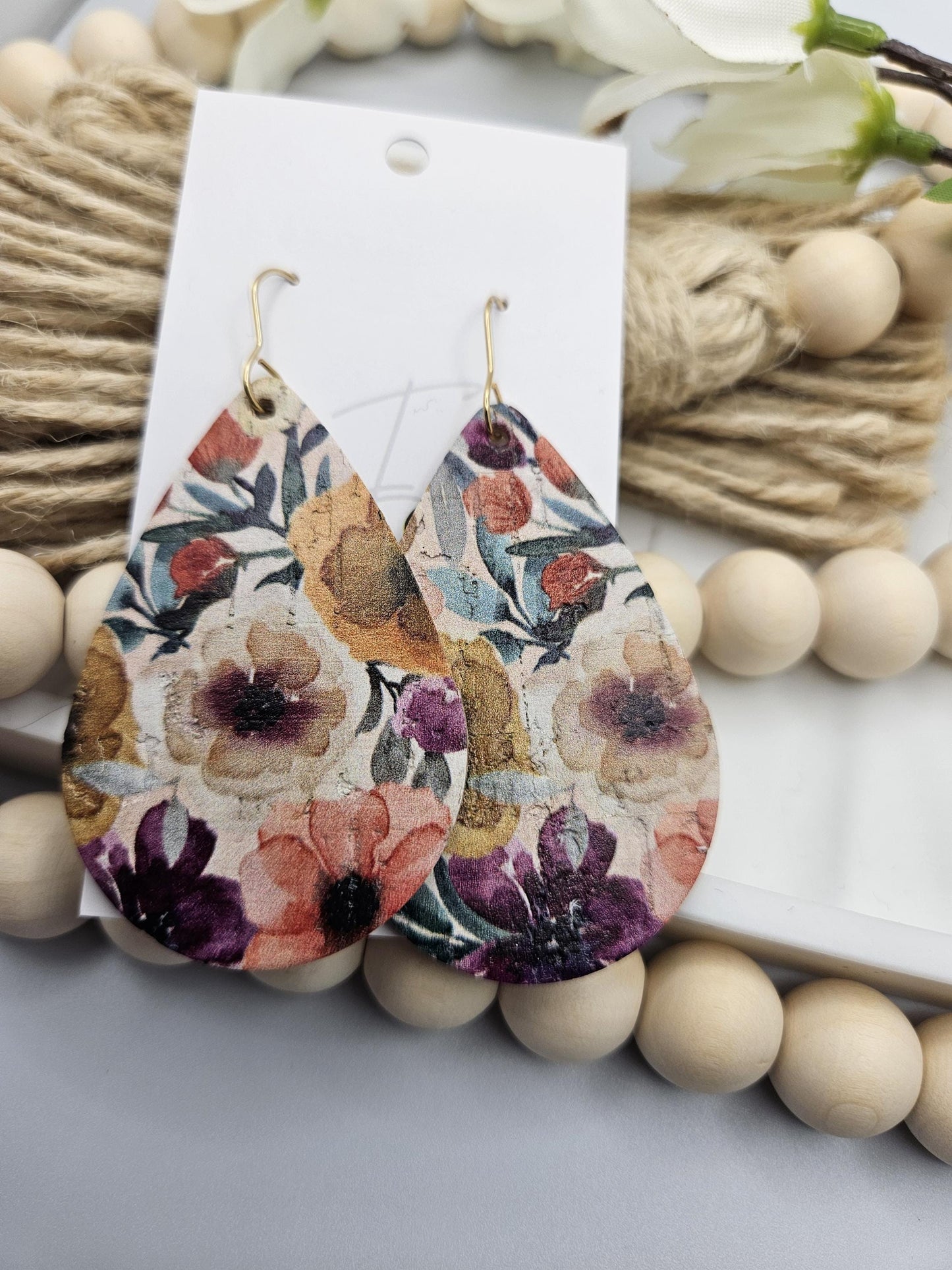 Large Floral Cork Teardrop Earrings backed with Genuine Leather