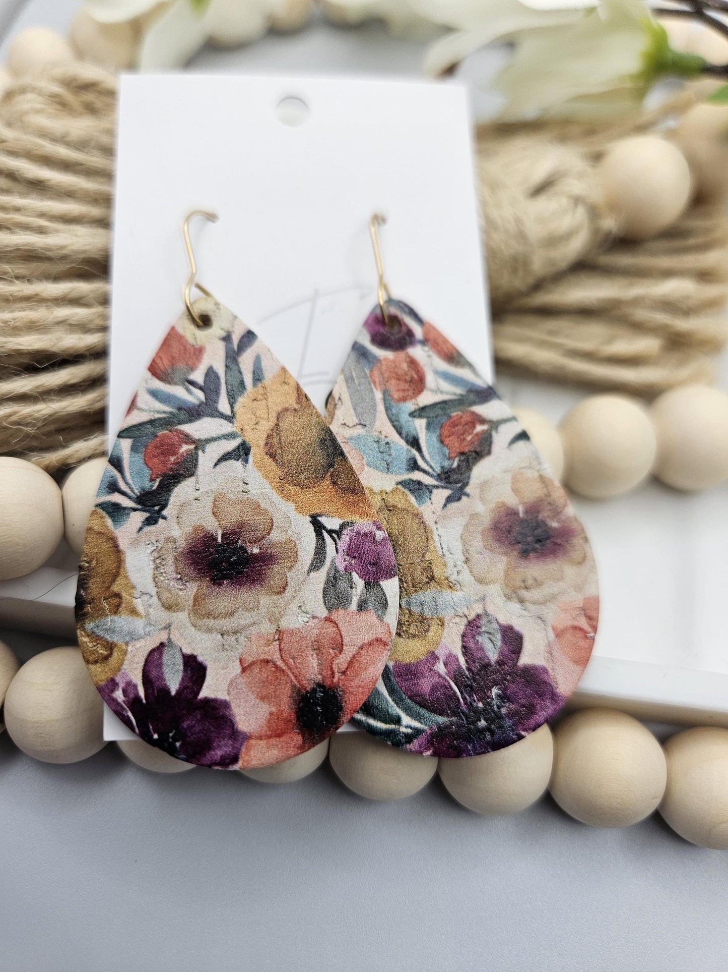 Large Floral Cork Teardrop Earrings backed with Genuine Leather