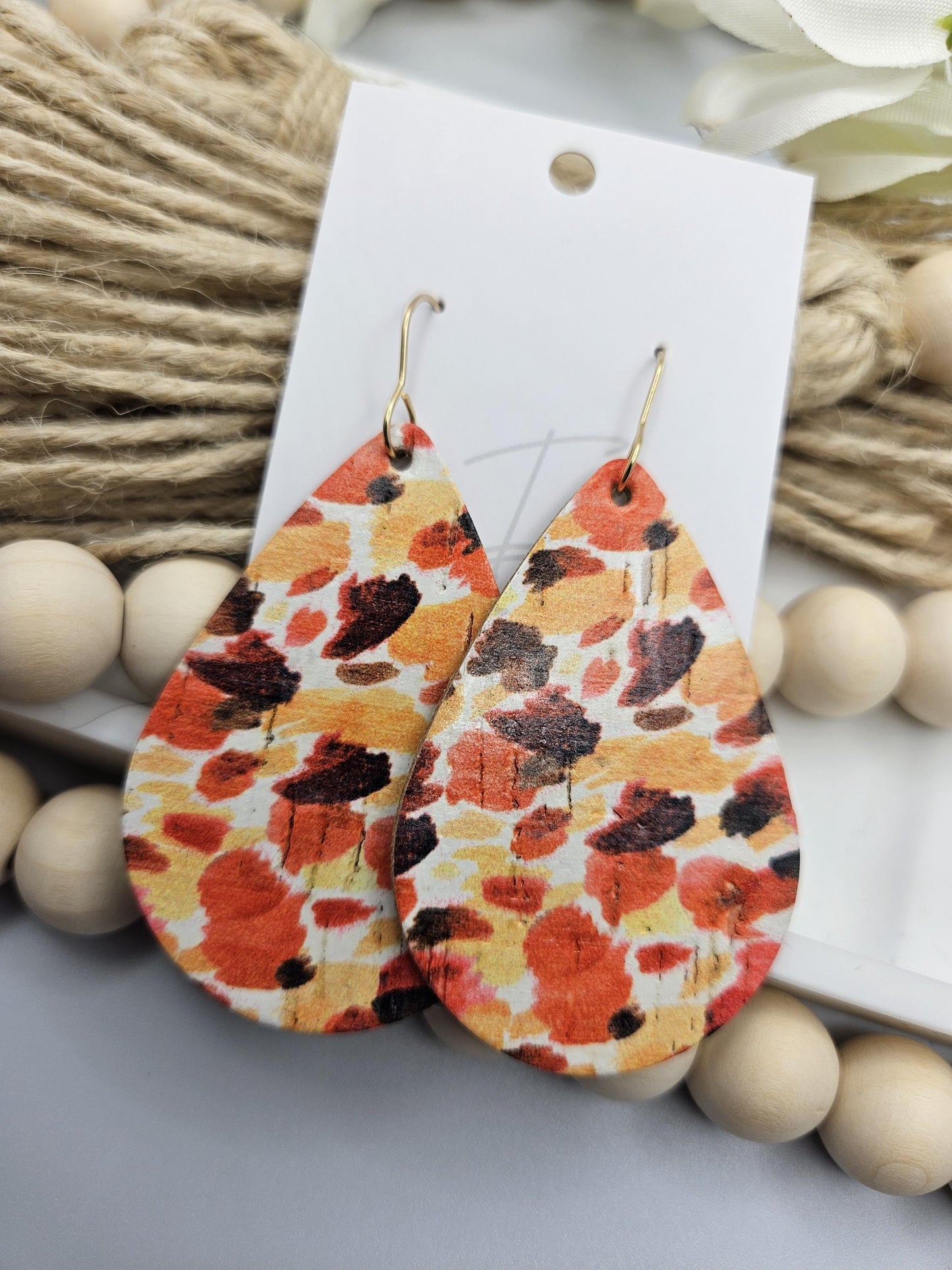 Large Fall Colored Cork Teardrop Earrings backed with Genuine Leather