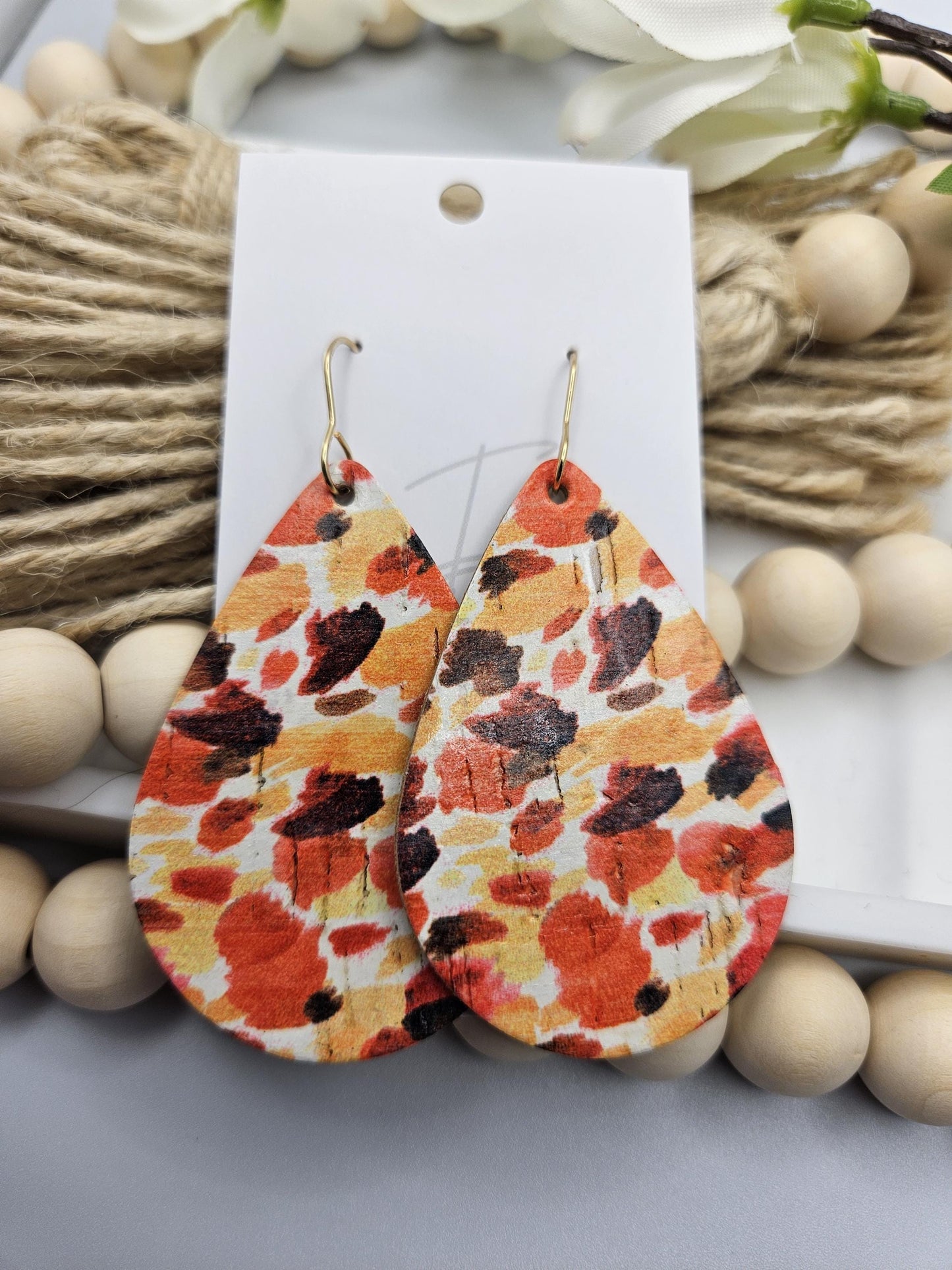 Large Fall Colored Cork Teardrop Earrings backed with Genuine Leather