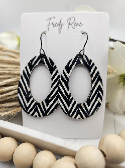Chevron Cork Earrings: Black and White Leather Backed Dangles