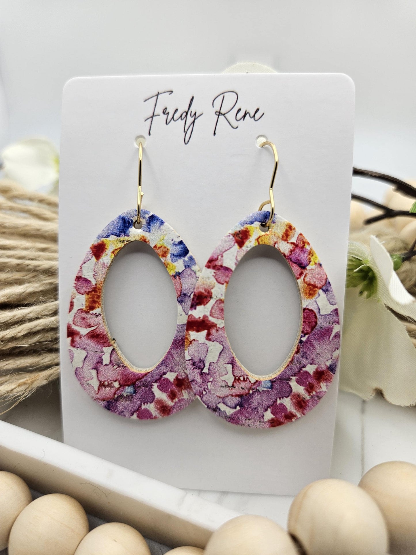 Abstract Floral Cork Earrings backed with Genuine Leather