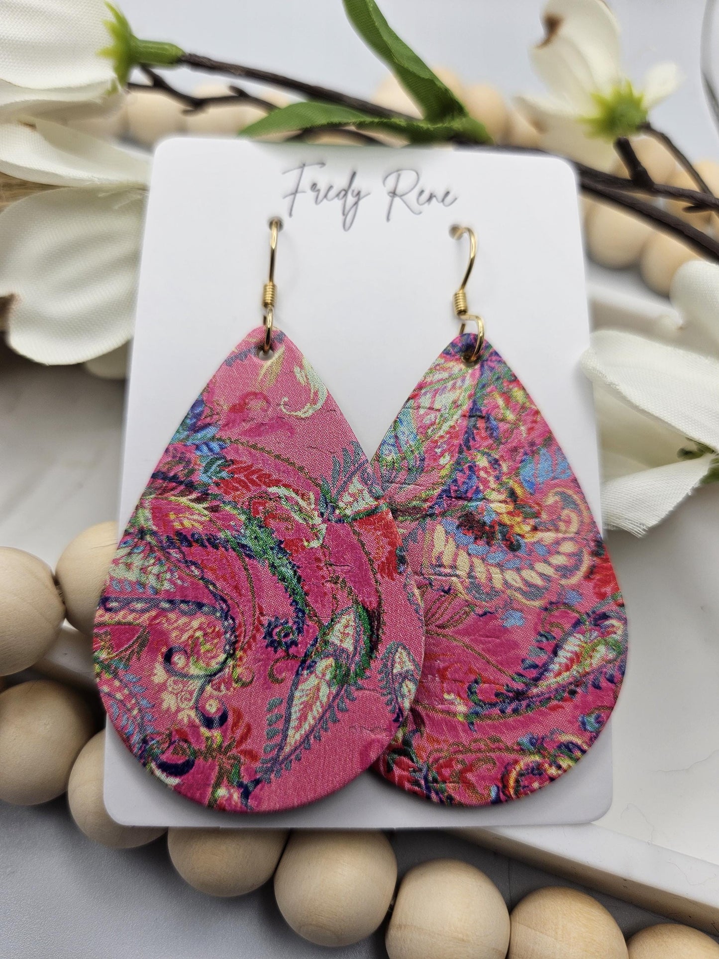 Large Pink Cork Teardrop Earrings backed with Genuine Leather