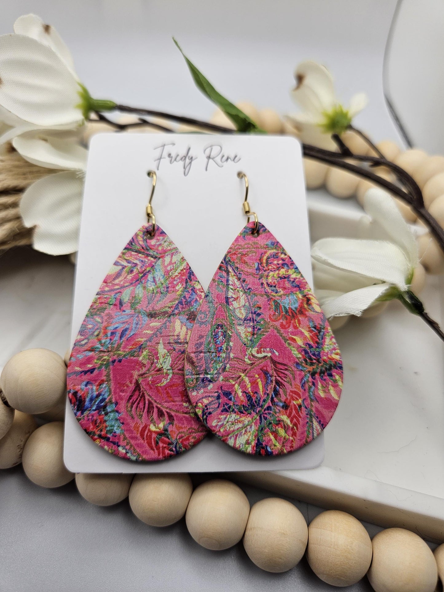 Large Pink Cork Teardrop Earrings backed with Genuine Leather