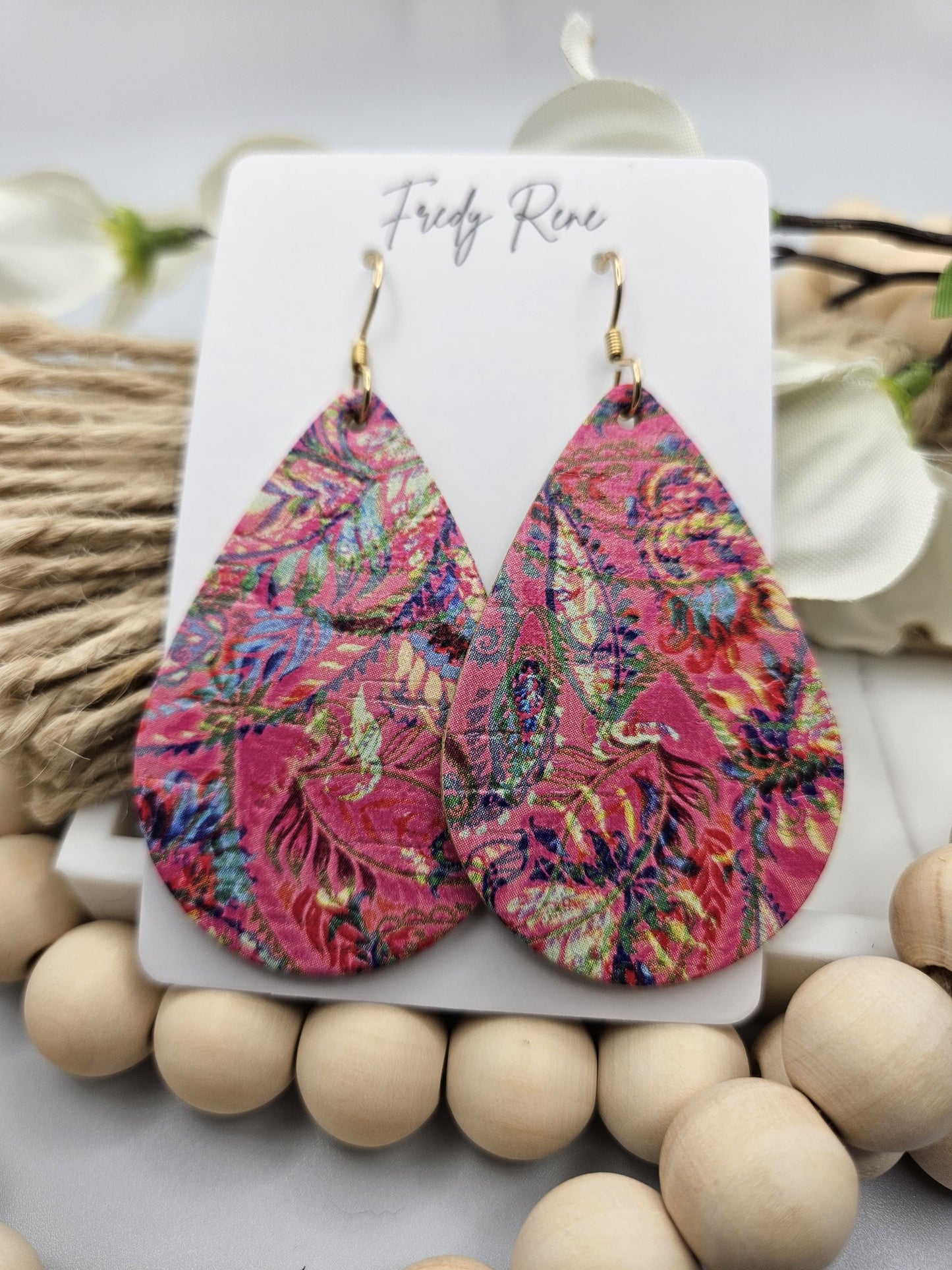 Large Pink Cork Teardrop Earrings backed with Genuine Leather