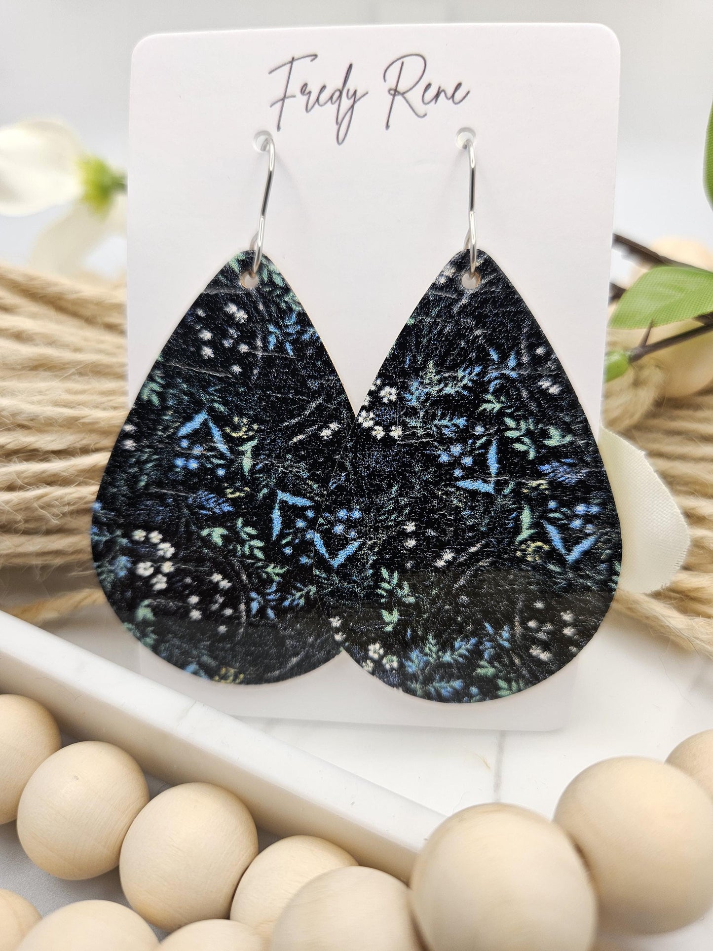 Large Dark Floral Cork Teardrop Earrings backed with Genuine Leather