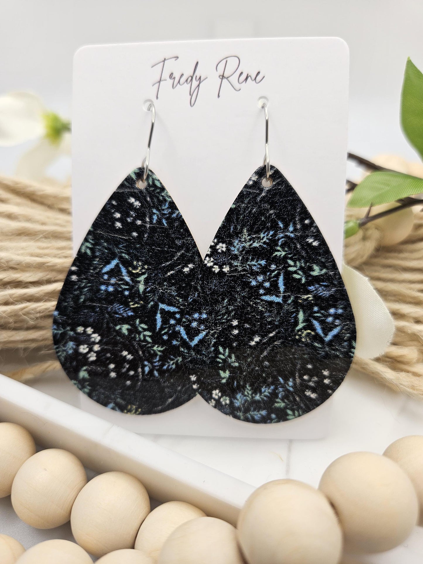 Large Dark Floral Cork Teardrop Earrings backed with Genuine Leather