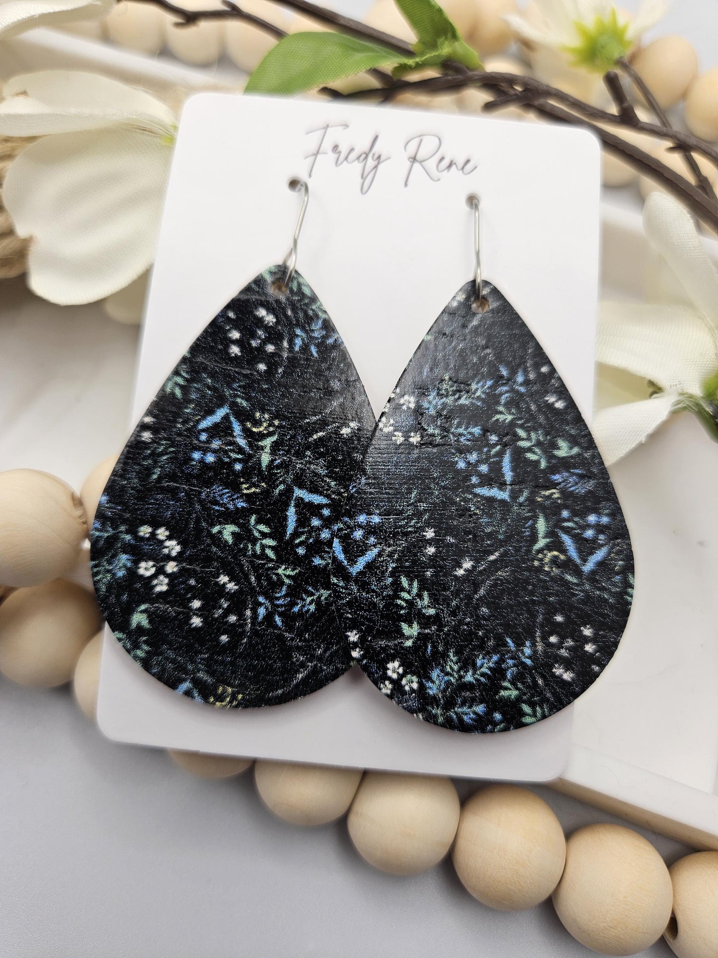 Large Dark Floral Cork Teardrop Earrings backed with Genuine Leather