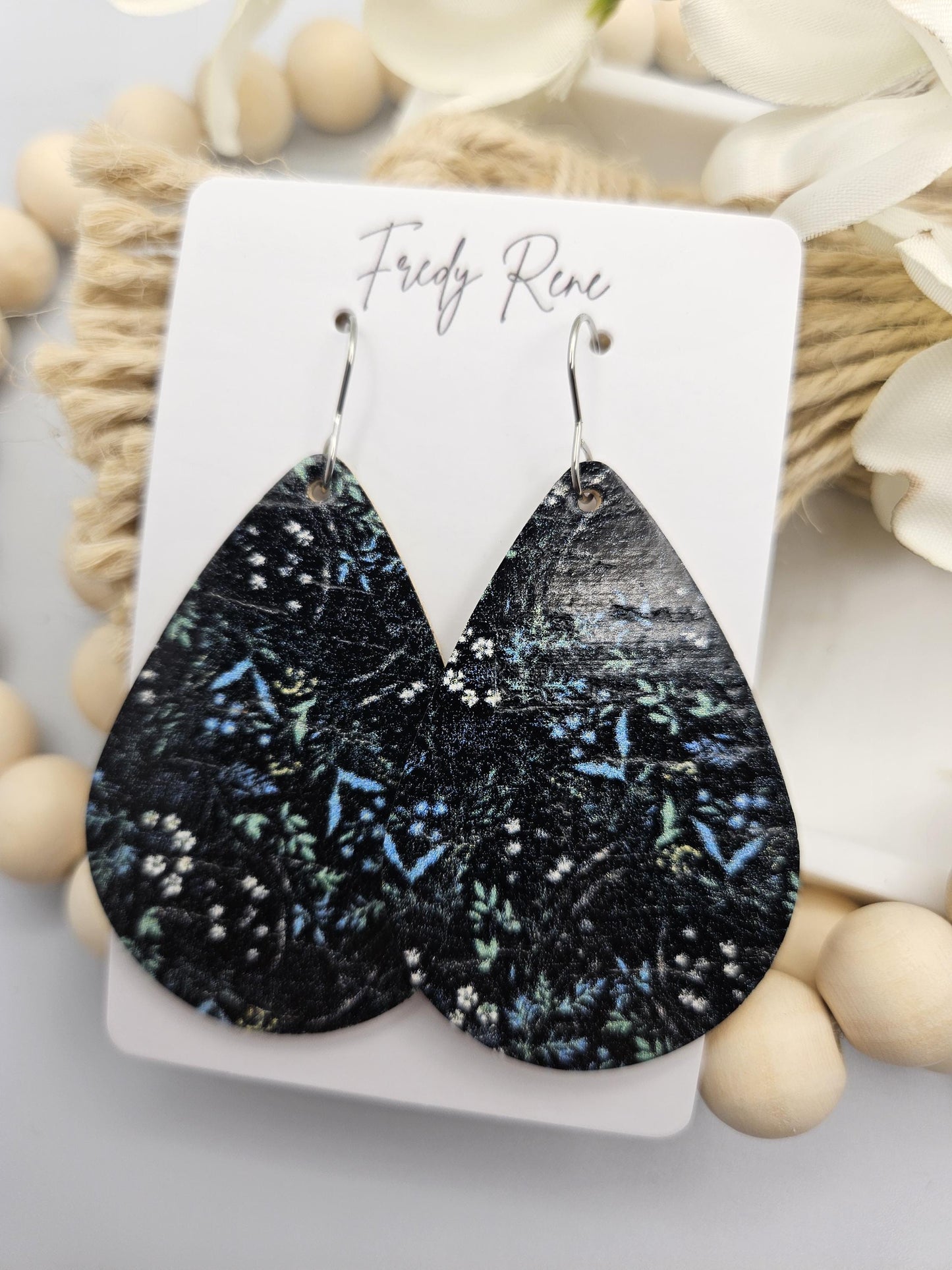 Large Dark Floral Cork Teardrop Earrings backed with Genuine Leather