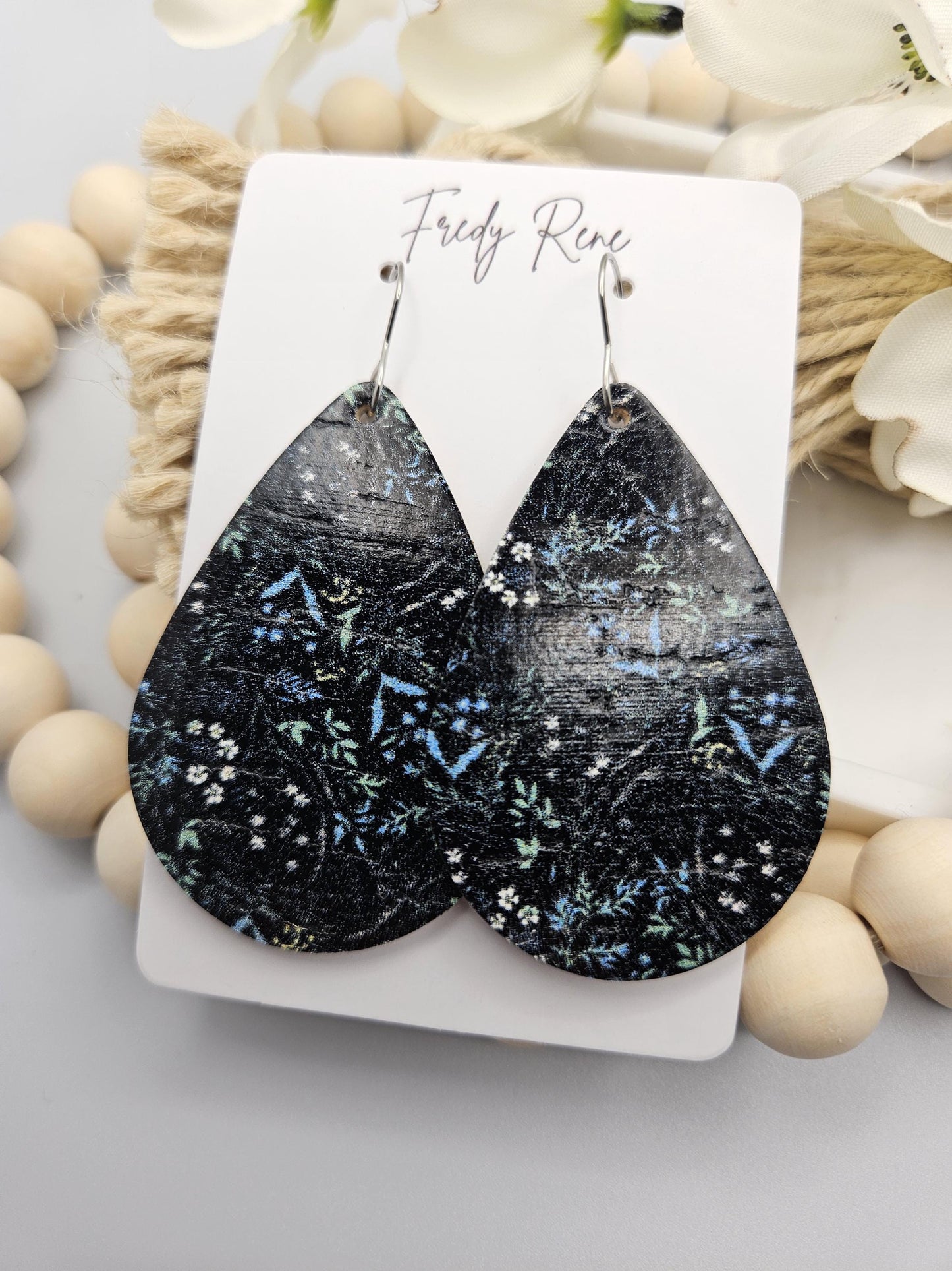 Large Dark Floral Cork Teardrop Earrings backed with Genuine Leather