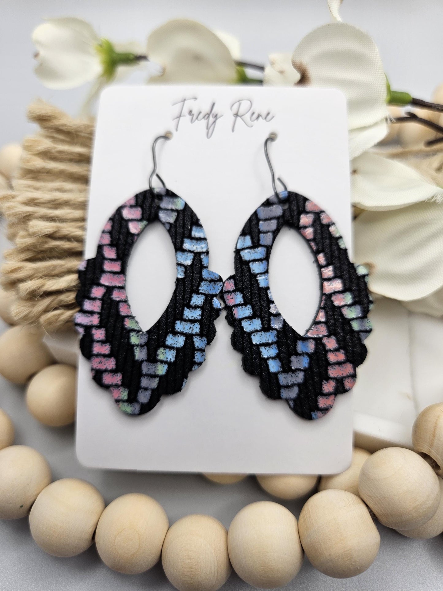 Black Genuine Leather Earrings with Pastels