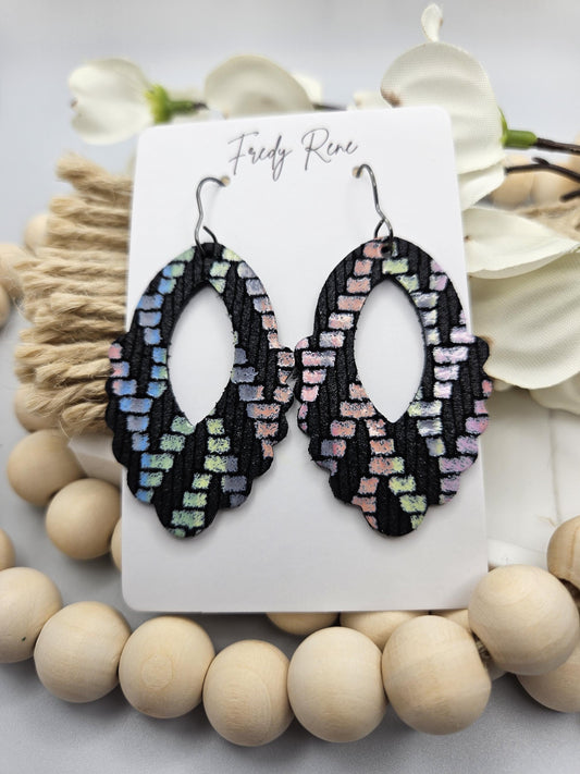 Black Genuine Leather Earrings with Pastels