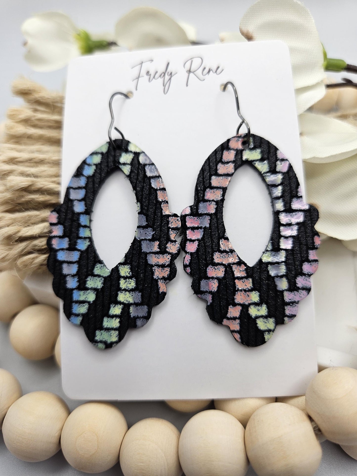 Black Genuine Leather Earrings with Pastels