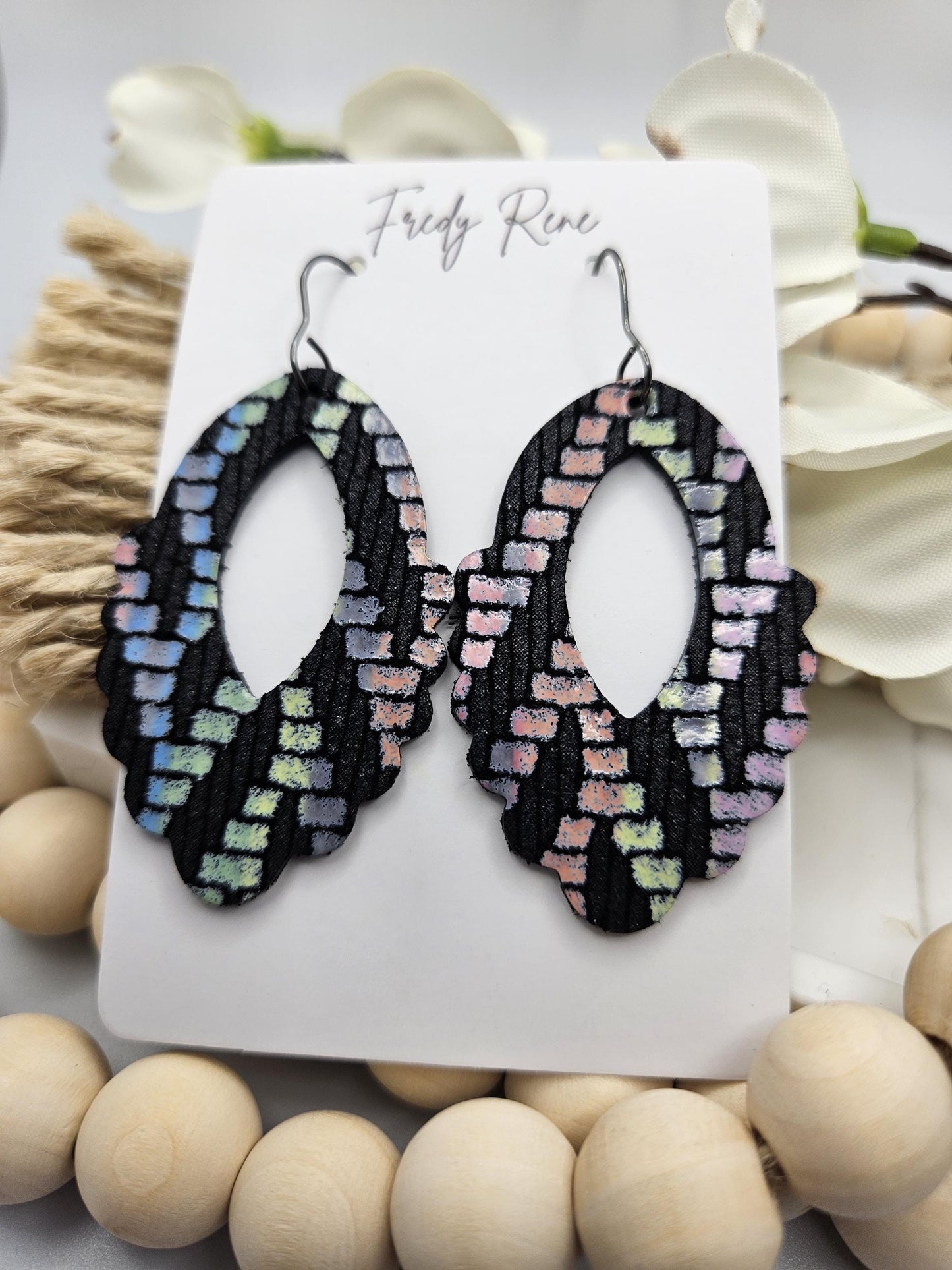 Black Genuine Leather Earrings with Pastels