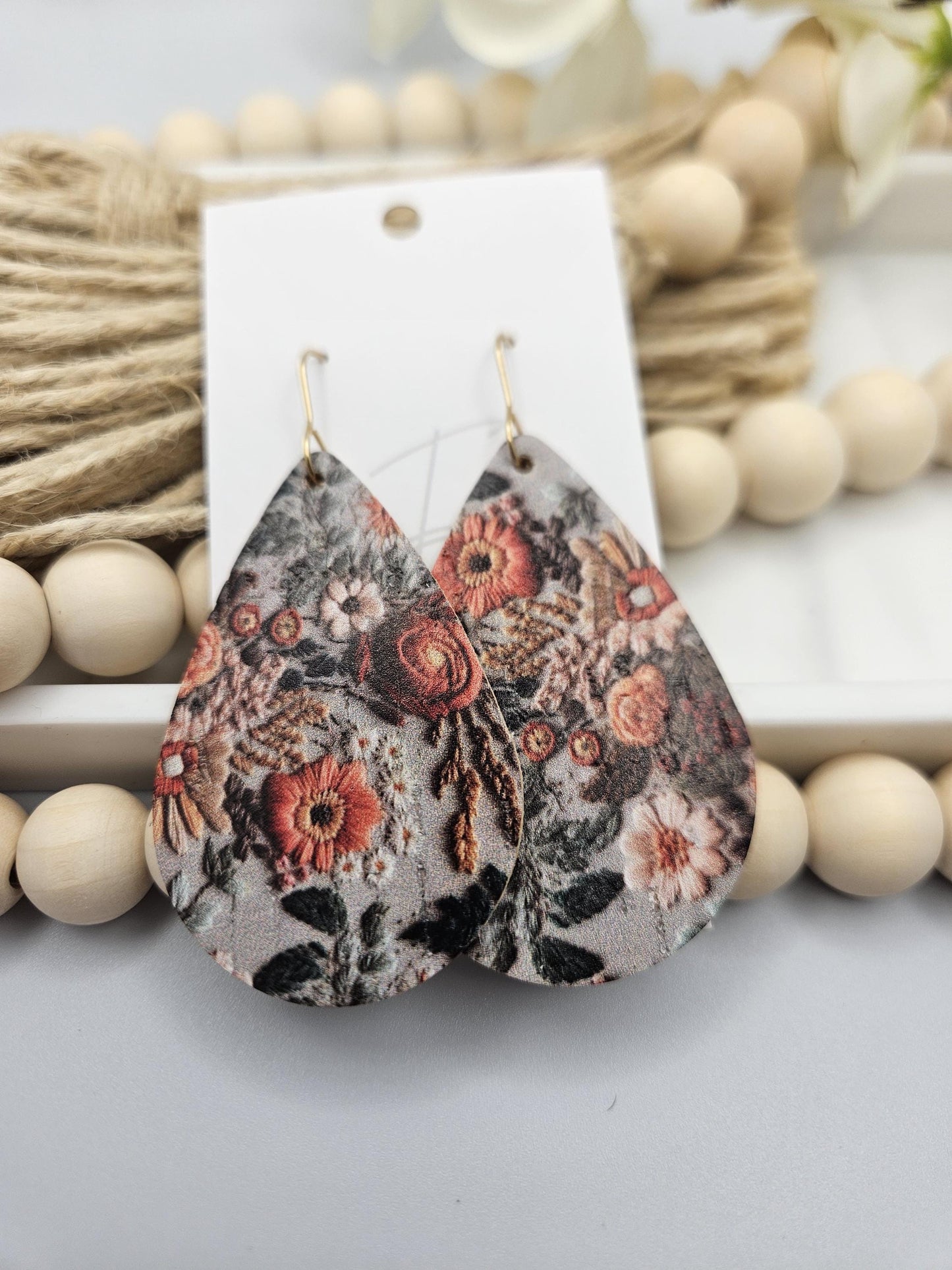 Large Floral Cork Teardrop Earrings Backed with Genuine Leather